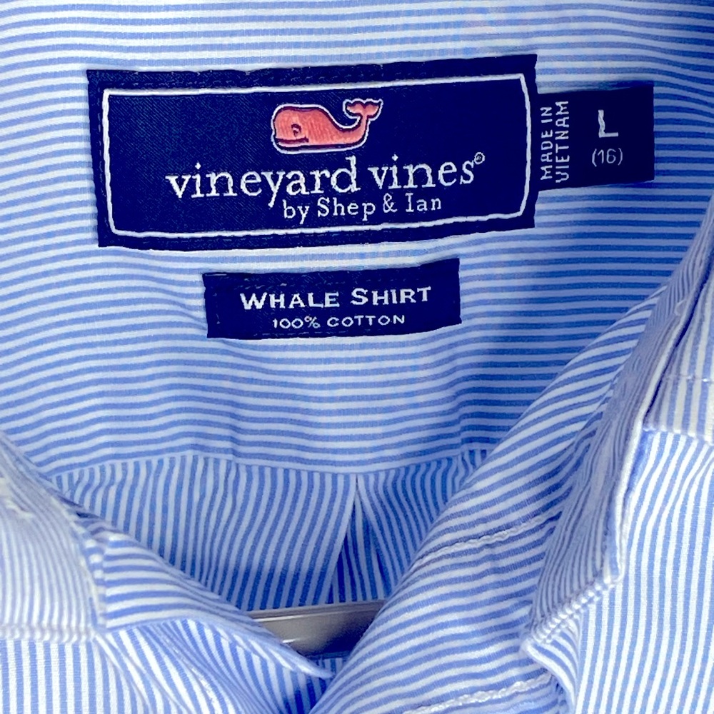 Vineyard Vines Boys Whale Shirt Blue Stripe Button Down Size L